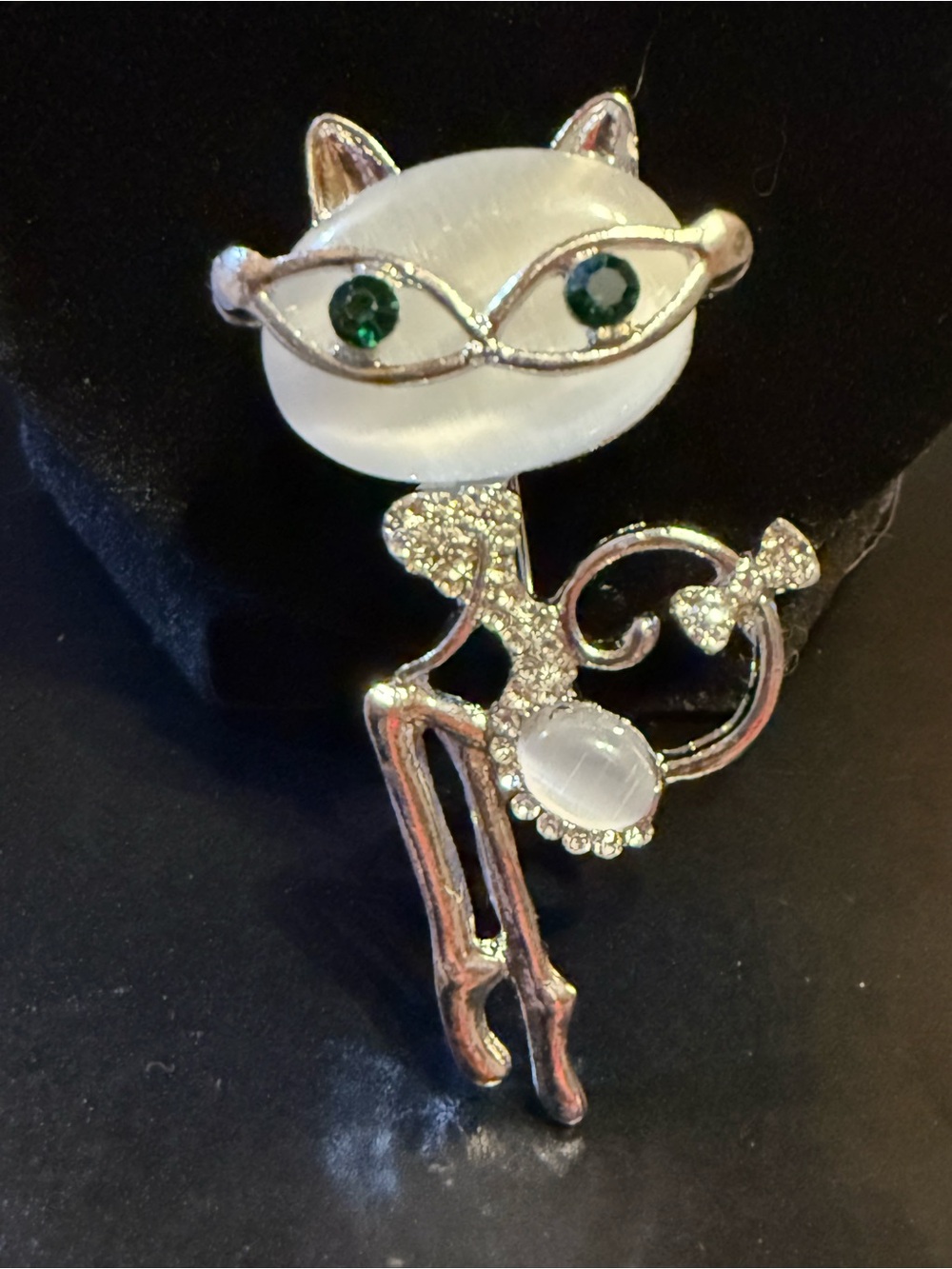 Silver Cat Brooch with Green Crystal Eyes and White Accents